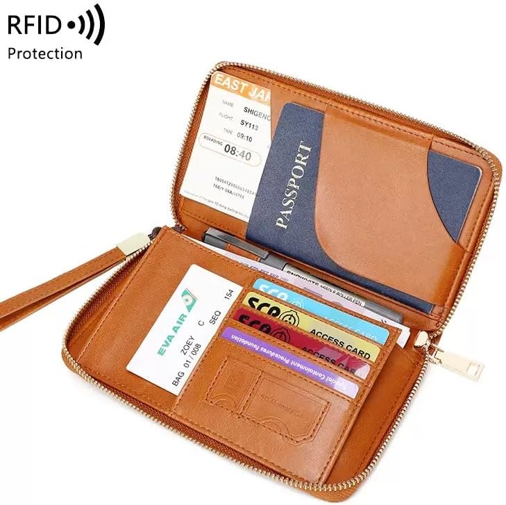 GLOLOOS Multi-Functional RFID Passport Wallet,Travel Wallet for Men & Women,With zipper, anti-theft passport holder，Slim Leather Cover for Credit Cards, Tickets, Cash (Brown) - Image 3